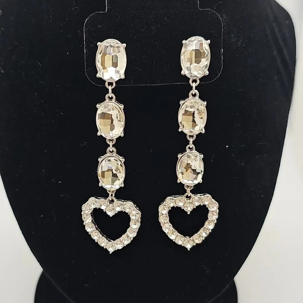 Earrings Dangle Hearts Clear Rhinestones Post Backs Pierced 3.25